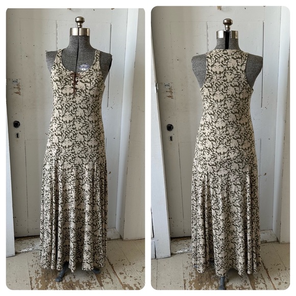 Vintage 90s 00s Brown Beige Ralph Lauren Leaf Print Button Shirt Dress 8 10 S
